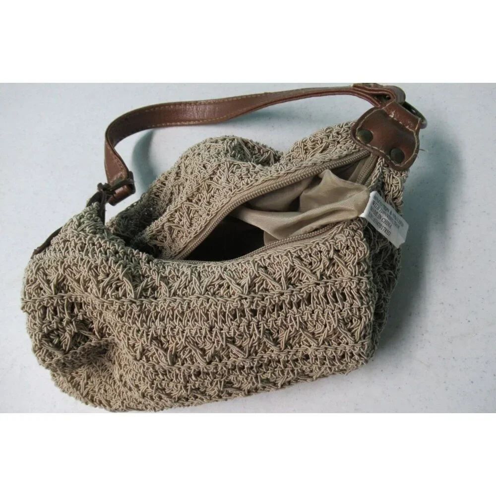 Macrame Crocheted Knitted Bag with Leather Strap Tan Medium Size Zipper